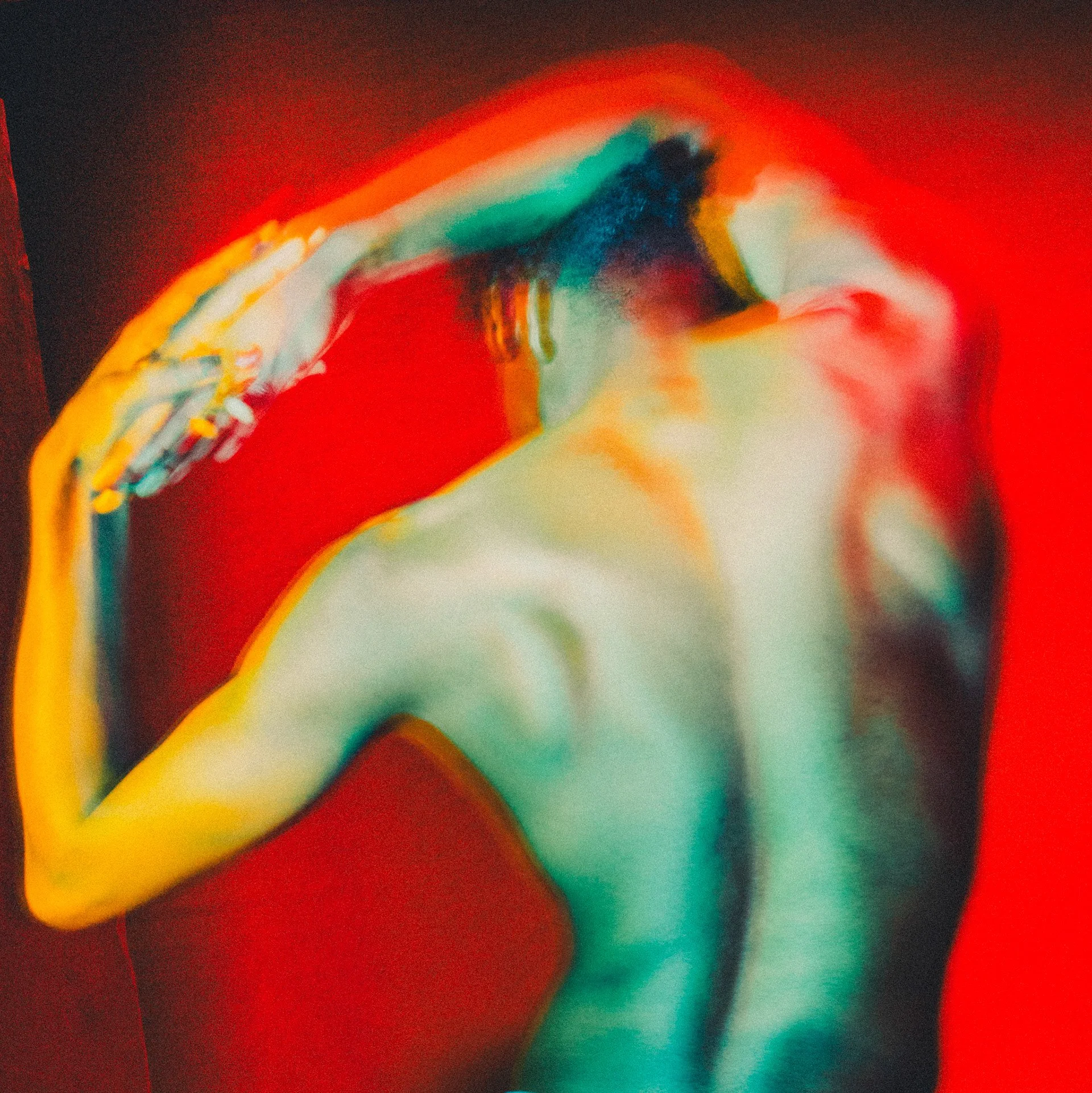 An abstract, colorful image of a person with their back turned, with one hand touching their head, displayed in a neon-like, distorted style against a vibrant red background.