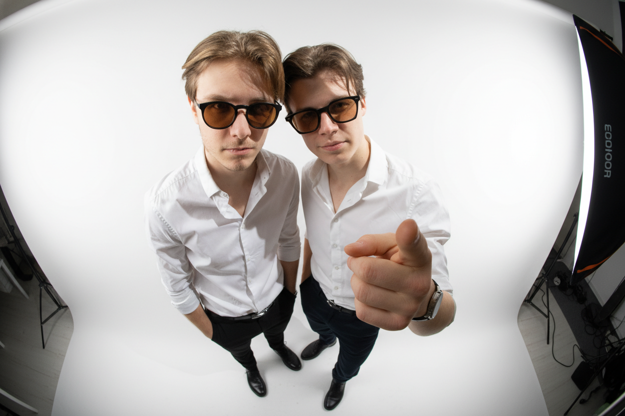 Two young men wearing white shirts and sunglasses standing in a photography studio with a white backdrop, one pointing towards the camera.