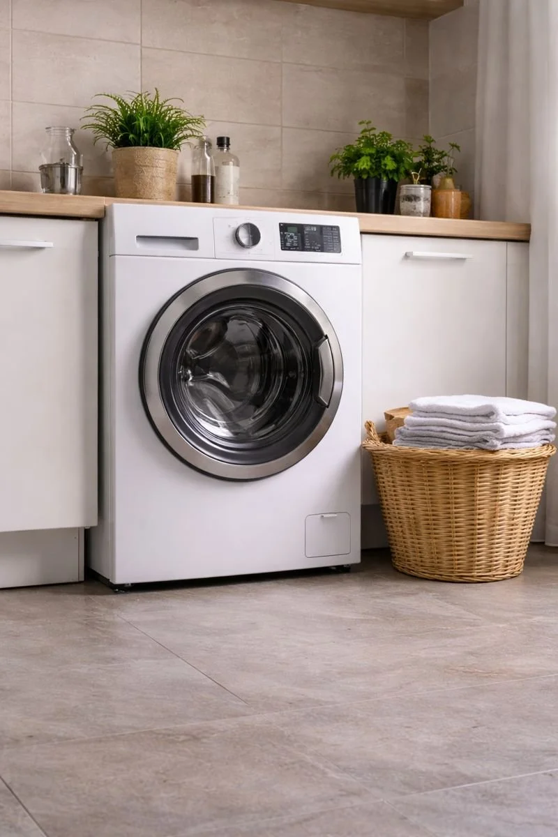 White front-loading washing machine in a modern laundry room with beige tiled walls, a wooden countertop, potted plants, and a wicker basket filled with folded white towels.