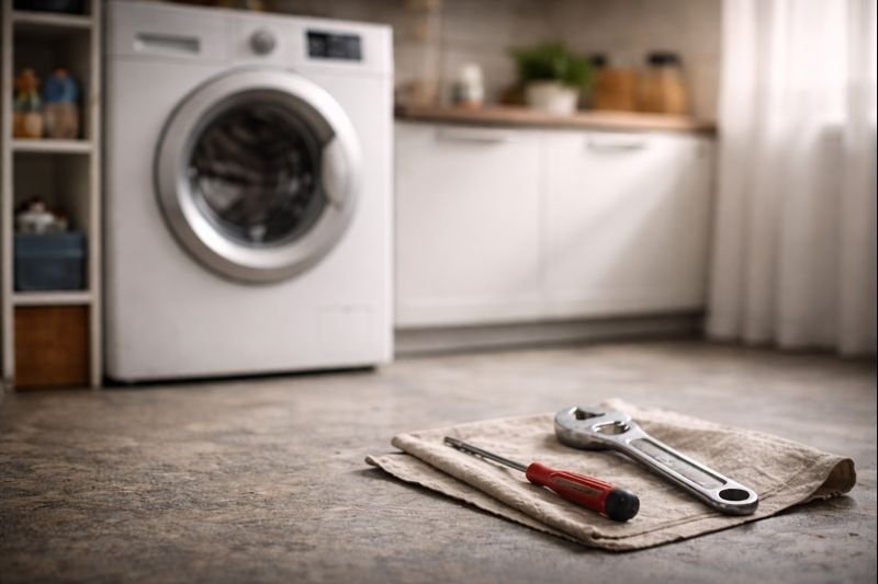 A wrench and screwdriver resting on a cloth on the floor in a laundry room, with a washing machine and countertop in the background.