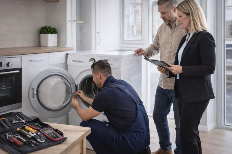 A technician repairs a washing machine while a man and a woman observe, with the woman holding a clipboard in a bright laundry room.