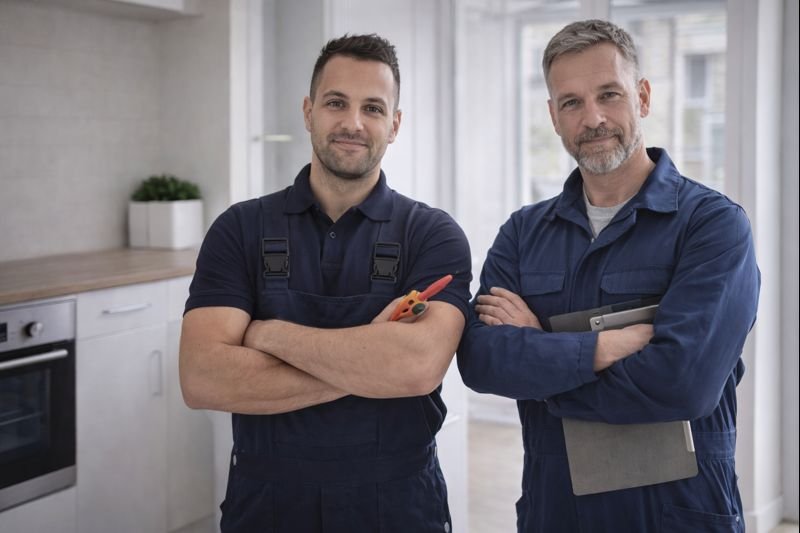 Two men standing in a modern kitchen, both with arms crossed. One wears a dark blue shirt and overalls, holding pliers; the other wears a blue shirt, holding a tablet. Both are smiling.