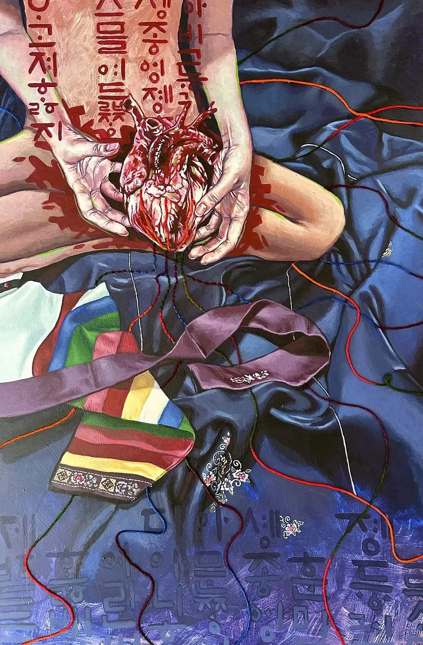 "한 (HAN)"
36 x 24 in.,
Acrylic paint and yarn on canvas.