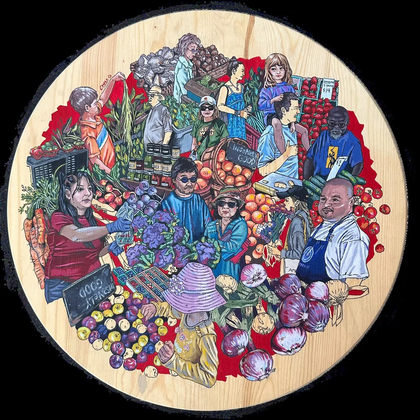 "Morning at the Market"
18 in. diameter,
Gouache and pens on wooden board.