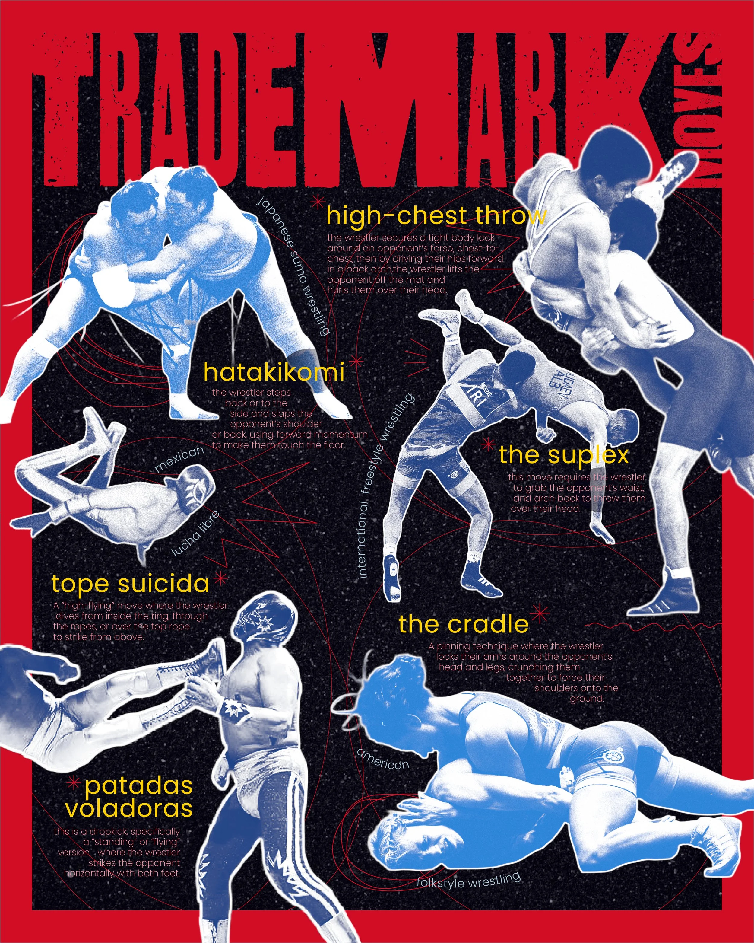 "TRADEMARK MOVES", Adobe InDesign & Photoshop - 
A poster designed to display the signature moves of different wrestling cultures.