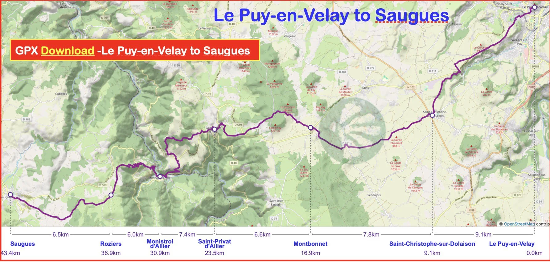 Map from Le Puy-en-Velay to Sauges,  covers a total distance of 43.4 kilometers and passes through locations such as Saint-Christophe-sur-Dolaison, Saint-Privat d'Allier, Monistrol d'Allier, Rozier, and Sauges, with distance segments indicated at the bottom.
