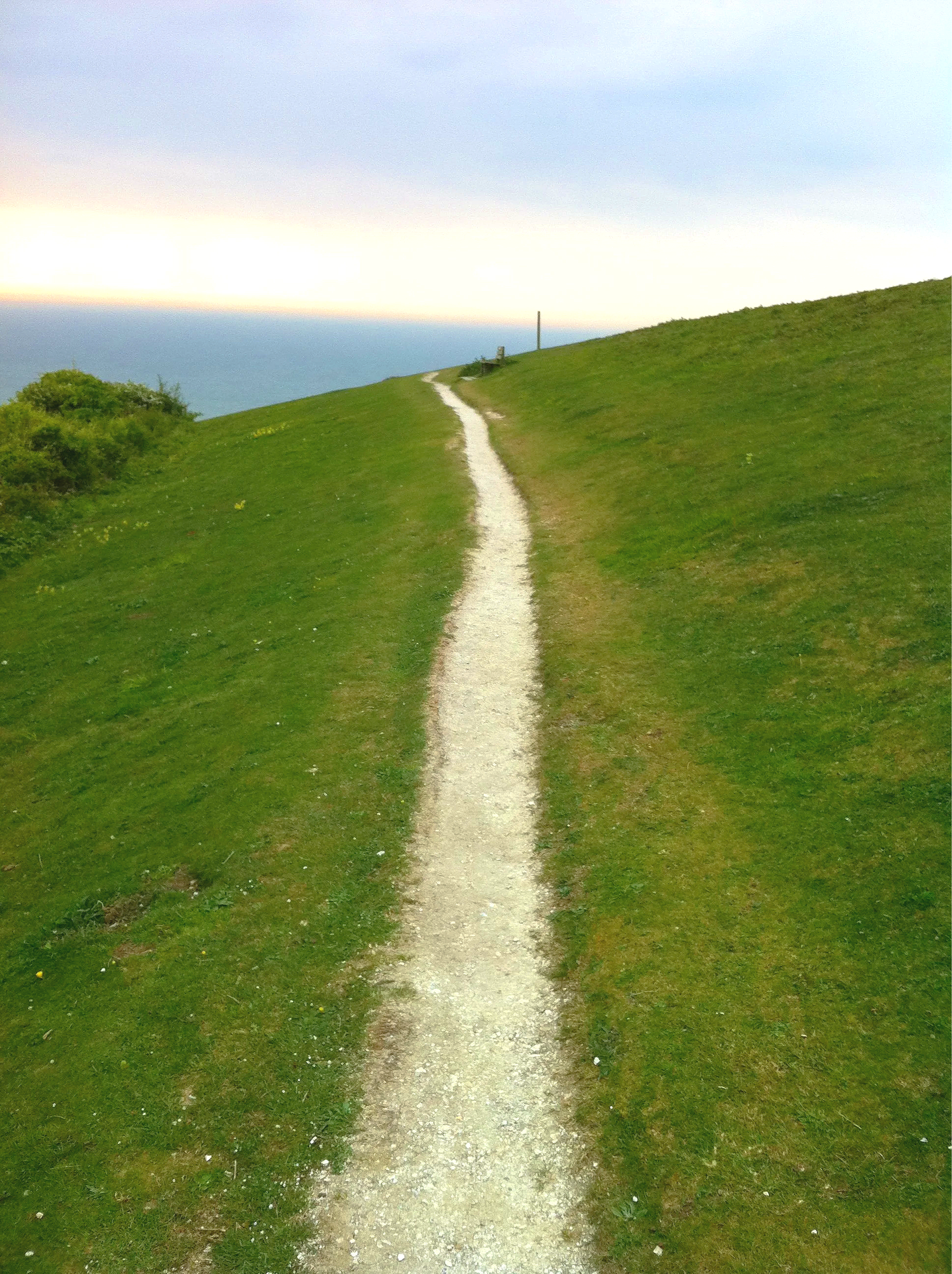 A narrow dirt walking path through green grassy hills, with a bench and power line pole in the distance, overlooking the ocean under a cloudy sky.