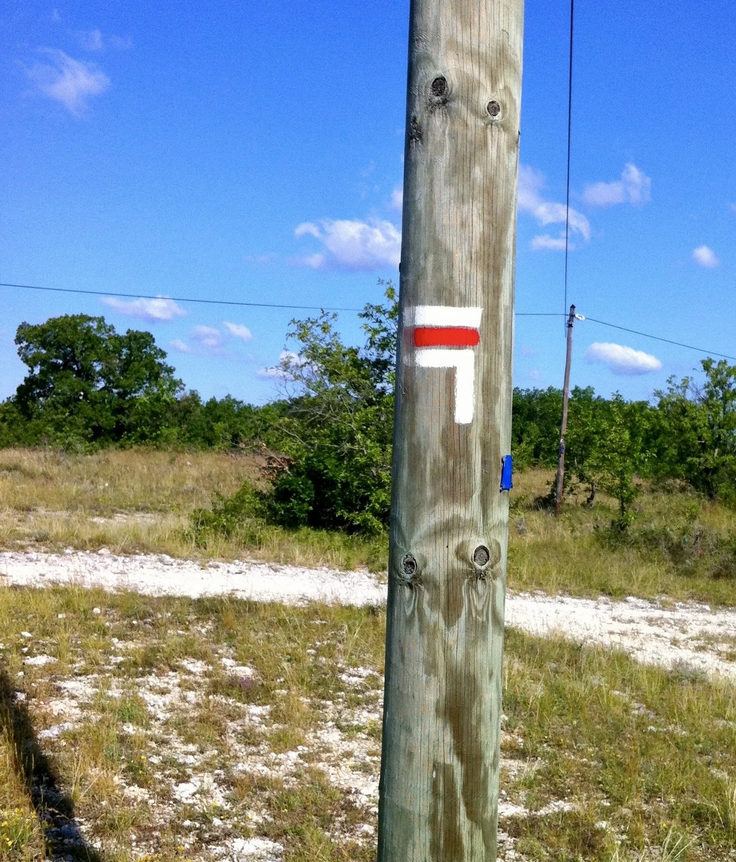 A utility pole with a painted white and red symbol on it, set against a background of trees, grass, and a blue sky with clouds.