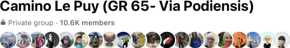 Facebook group cover photo titled 'Camino Le Puy (GR 65 - Via Podiensis)', for a private group with 10.6K members, featuring profile pictures of group members.