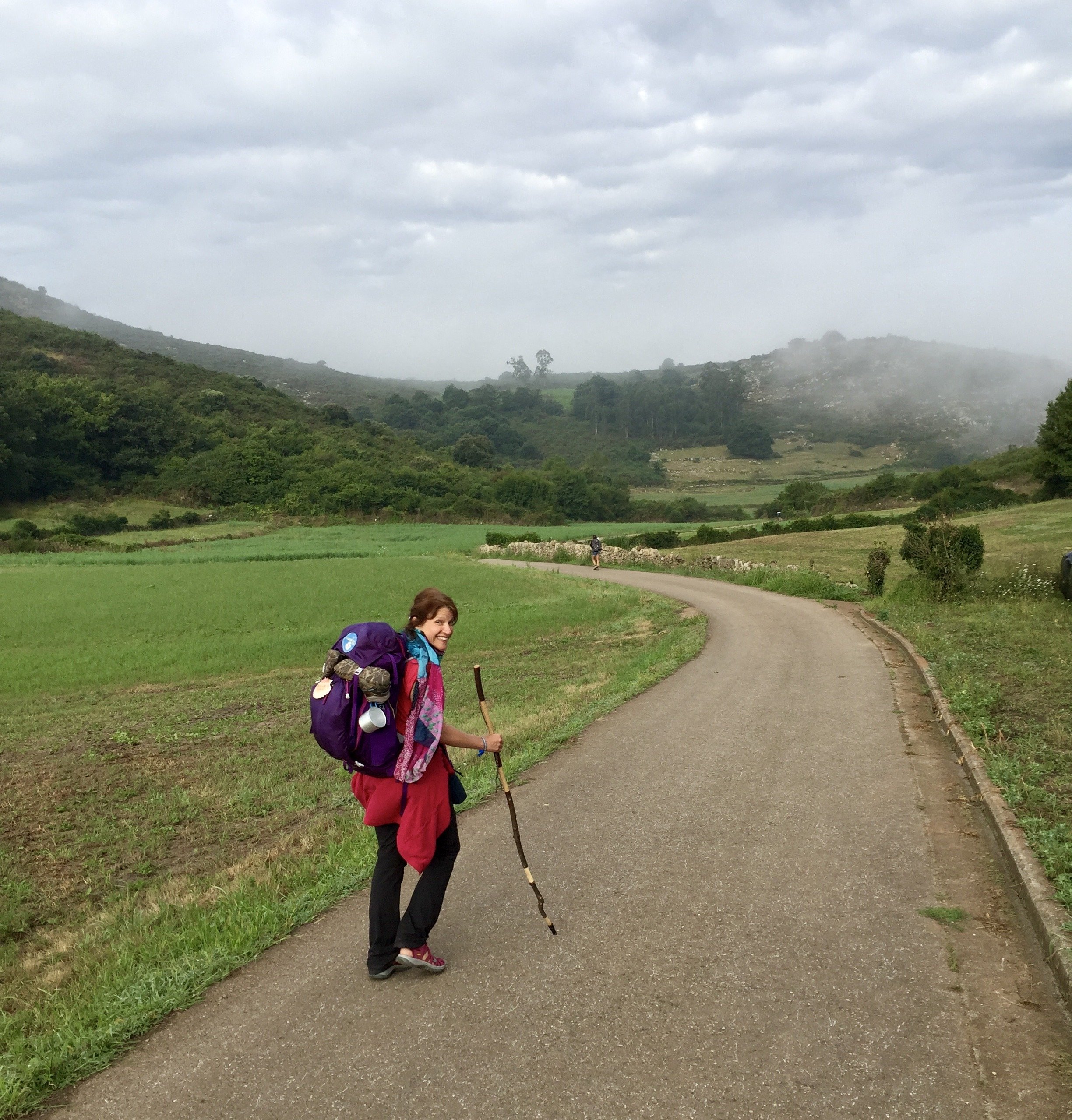 A woman with a large purple backpack and hiking pole standing on a winding dirt path in a green landscape with rolling hills and cloudy sky.