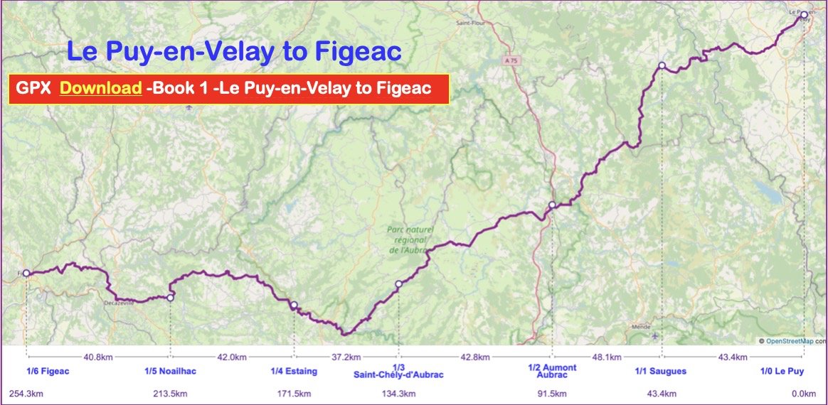 Map showing a route from Le Puy-en-Velay to Figeac, with section distances marked, and the route highlighted in purple. The map also has a red banner with yellow and white text promoting a GPX download for the route.