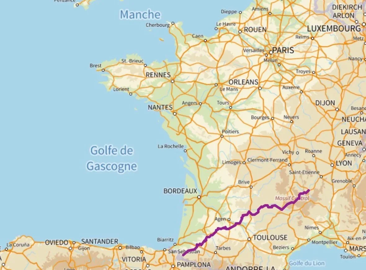 Map of France showing the Via Podiensis Camino from Le Puy-en-Velay to Saint-Jean-Pied-de-Port.