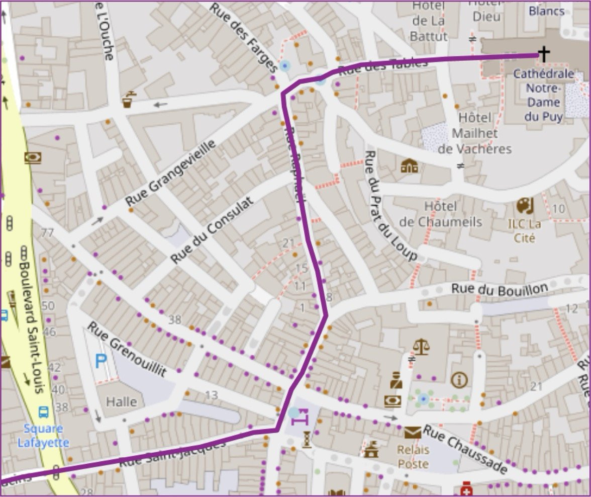 Map showing a route through a city with streets, landmarks, and points of interest marked.