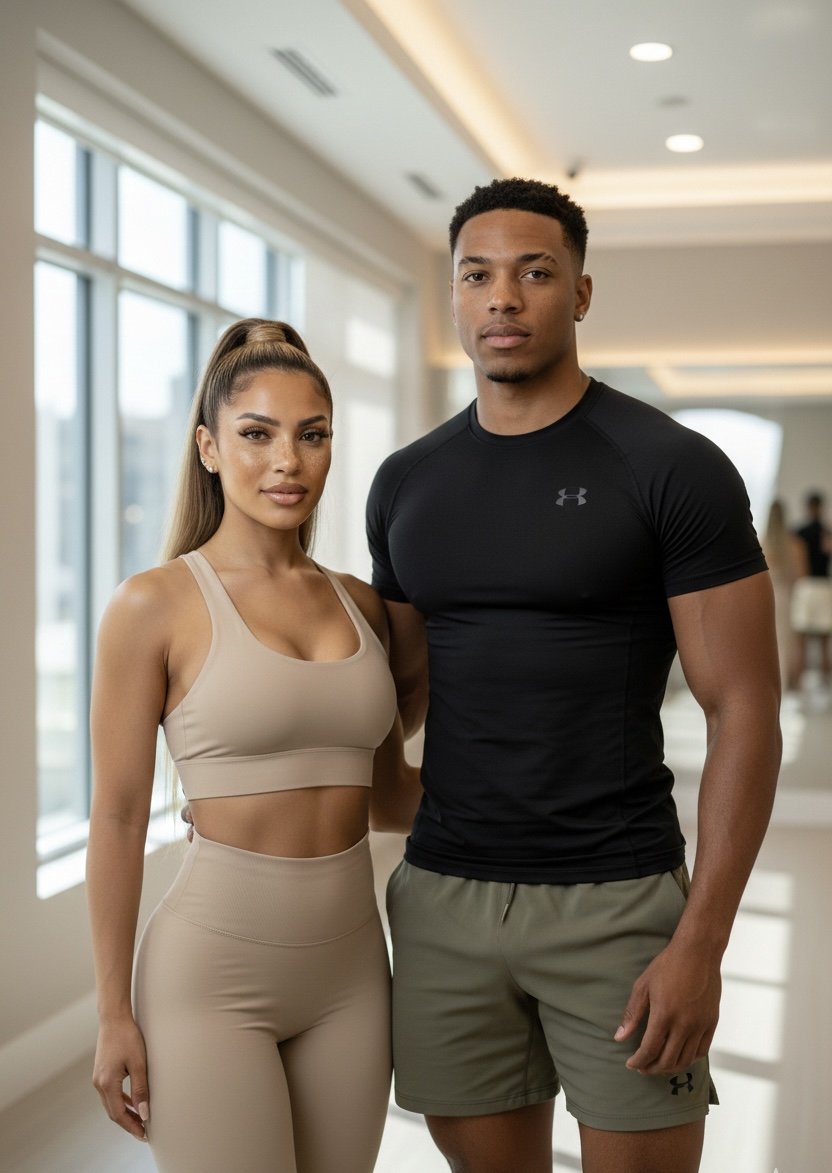 A man and a woman standing indoors, both dressed in athletic wear, posing for the camera in a well-lit space with large windows.