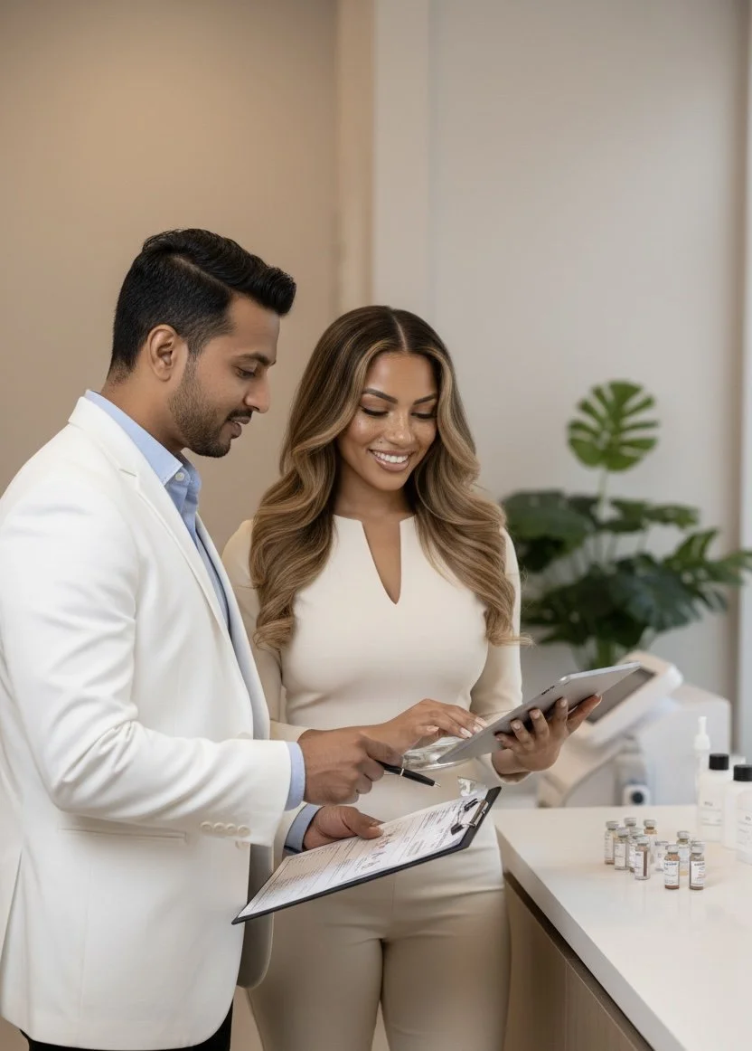 A male doctor and a female patient looking at a digital tablet together in a medical office with medications on the counter.