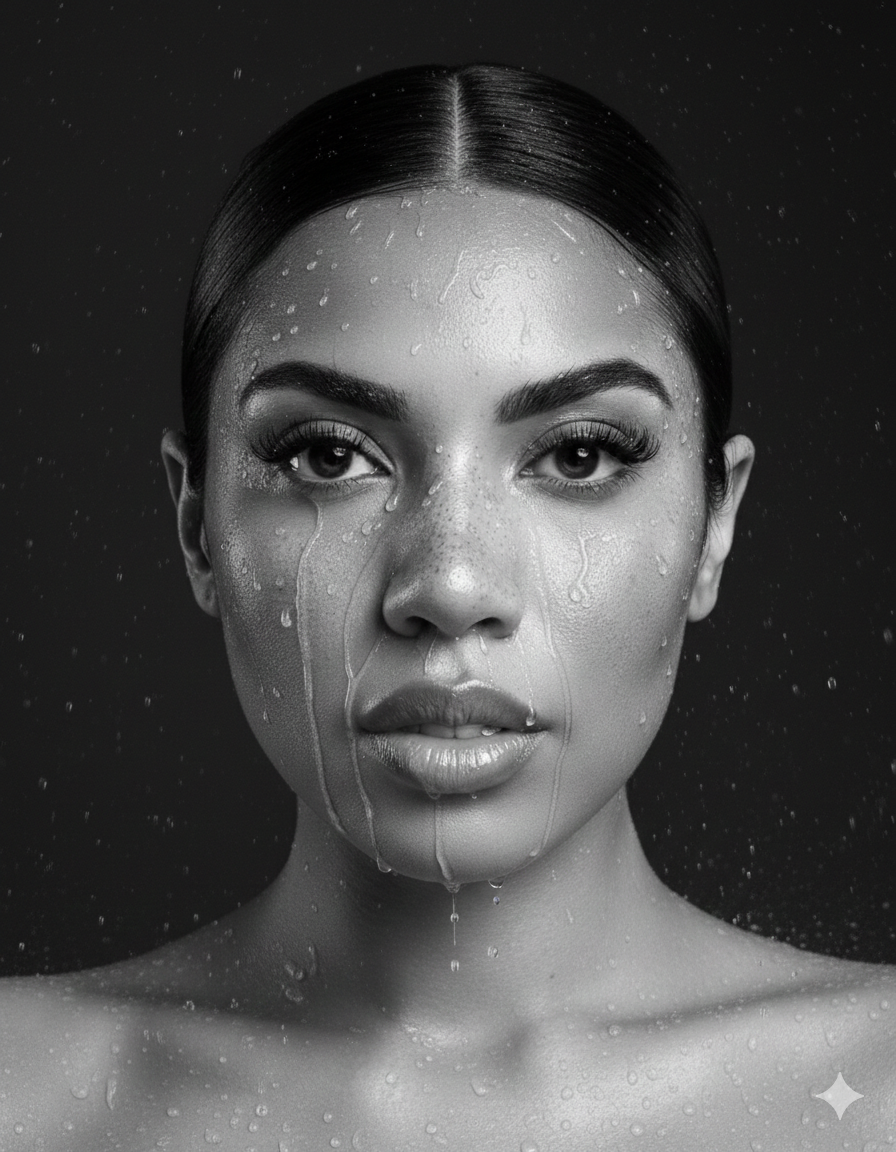Black and white portrait of a woman with water droplets on her face and shoulders, looking directly at the camera with a neutral expression.