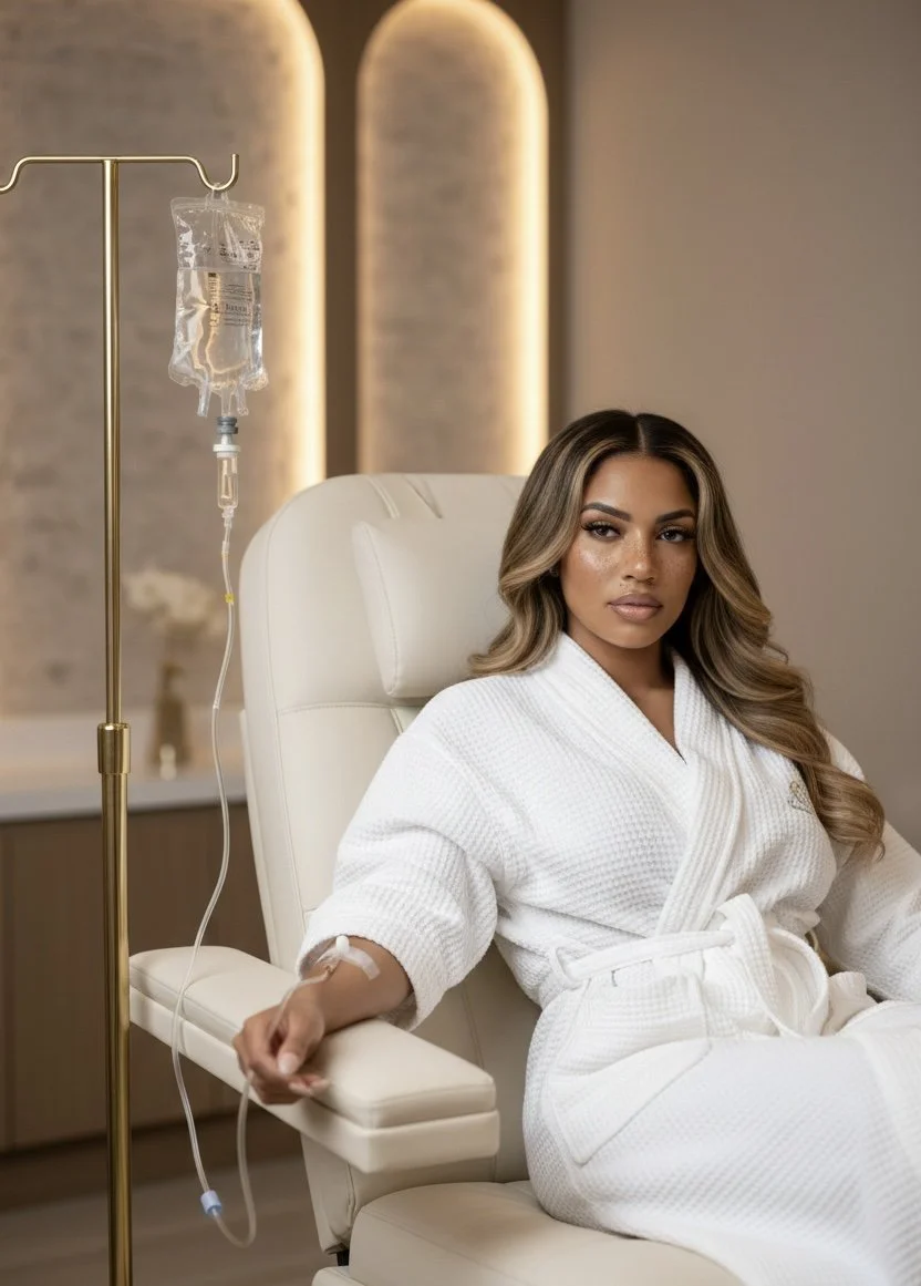 A woman in a white bathrobe sitting in a medical recliner chair undergoing infusion therapy with IV fluids, in a modern medical facility.