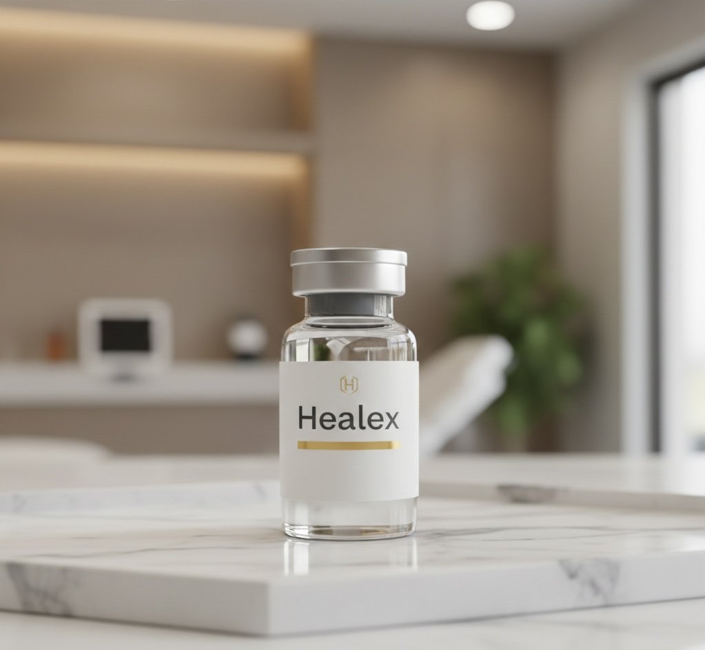 A small glass bottle labeled Healex placed on a marble surface in a modern, well-lit kitchen.