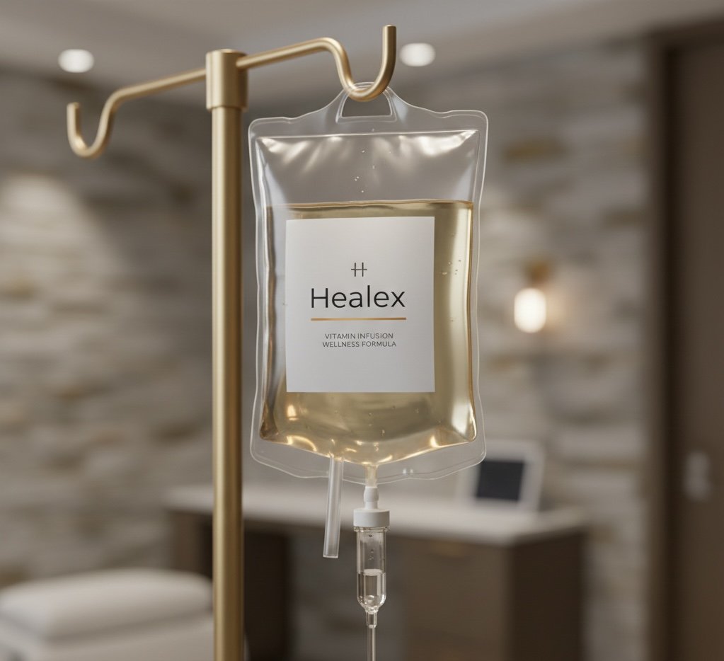 A medical IV drip bag labeled 'Healex' hanging on a gold-colored stand in a clinical or spa setting.