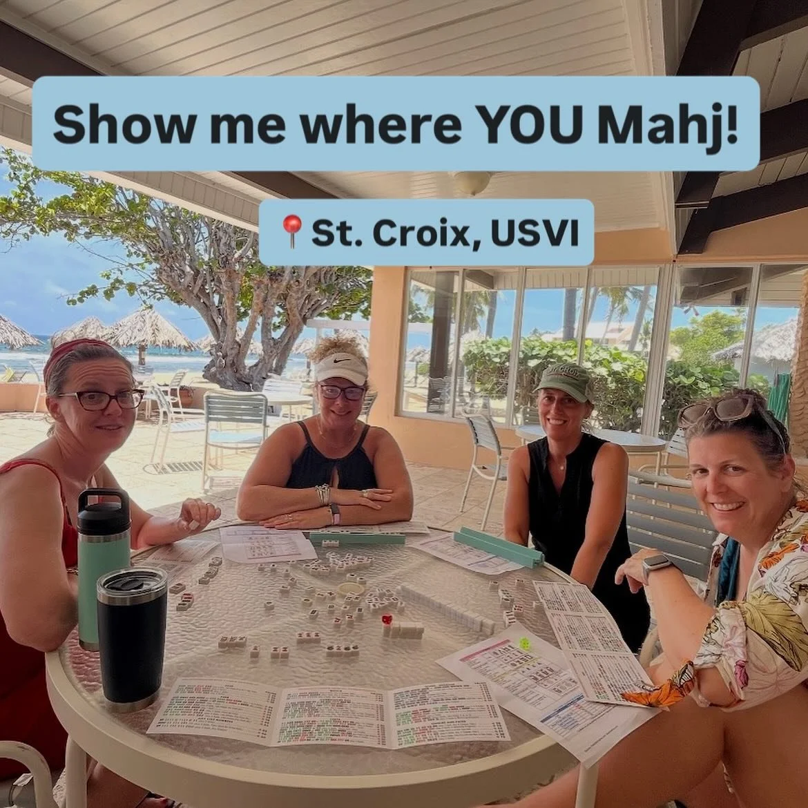 Starting a new series - where do you Mahj?

Inspired by my visit this weekend with friends from kindergarten, posting a throwback from our annual trip to St. Croix and some beachside mahjong. 🌴

And my friend Melinda in Africa - studying her card wi