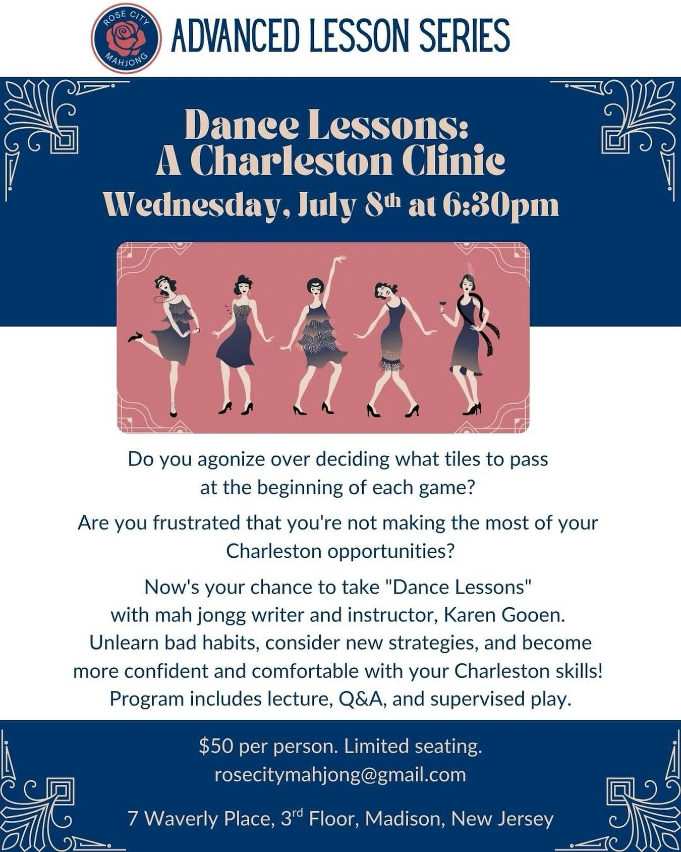 Registration is open! This is sure to be a game-changing class. Improve your Charleston and improve your game. Sign up at https://calendly.com/rosecitymahjong