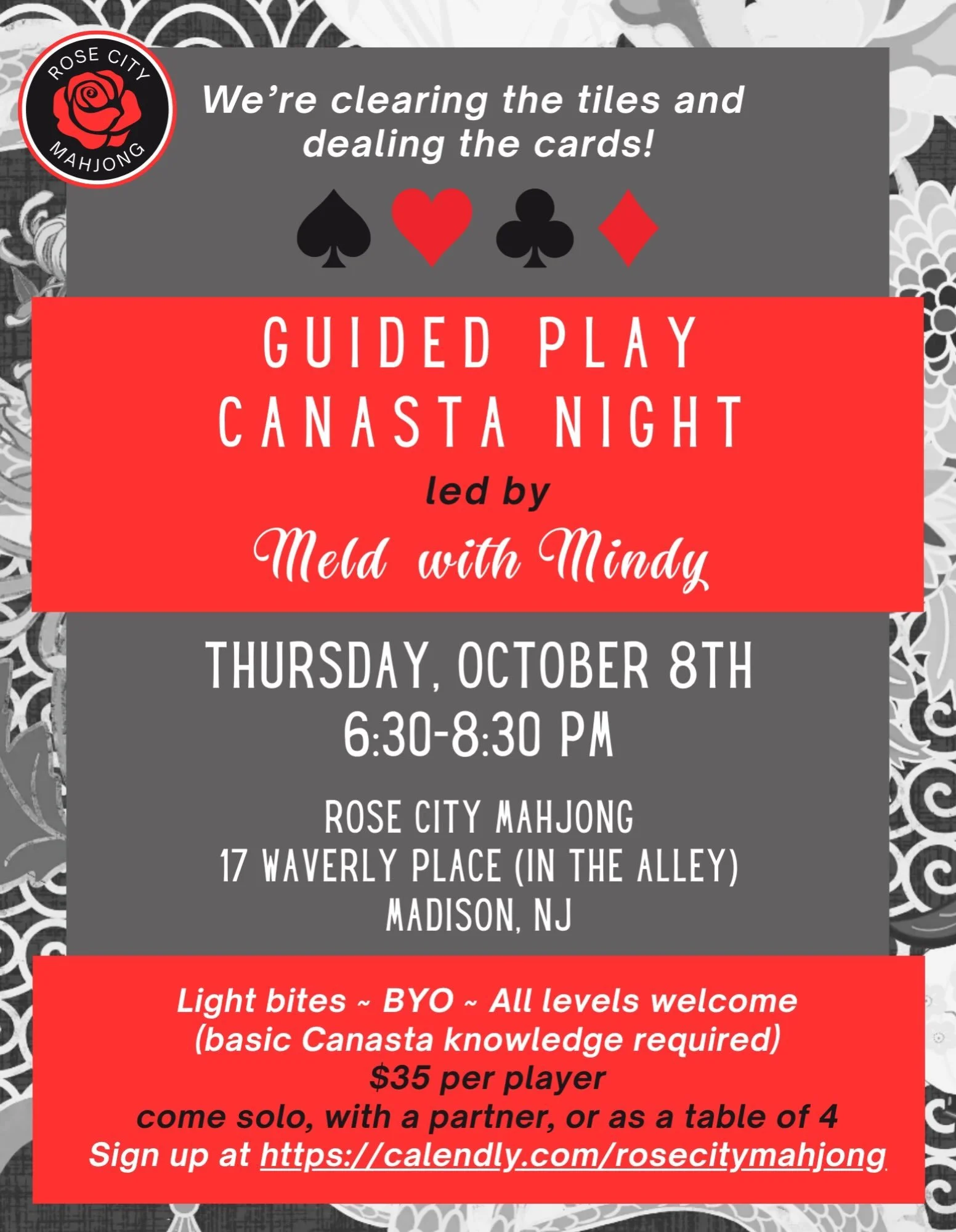 Join us for a great night of Canasta with Meld with Mindy! ❤️&spades;️&diams;️&clubs;️
Basic Canasta knowledge required.
Register at link in bio - come solo or with a partner or with a table of 4!

https://calendly.com/rosecitymahjong

#mahjong #cana