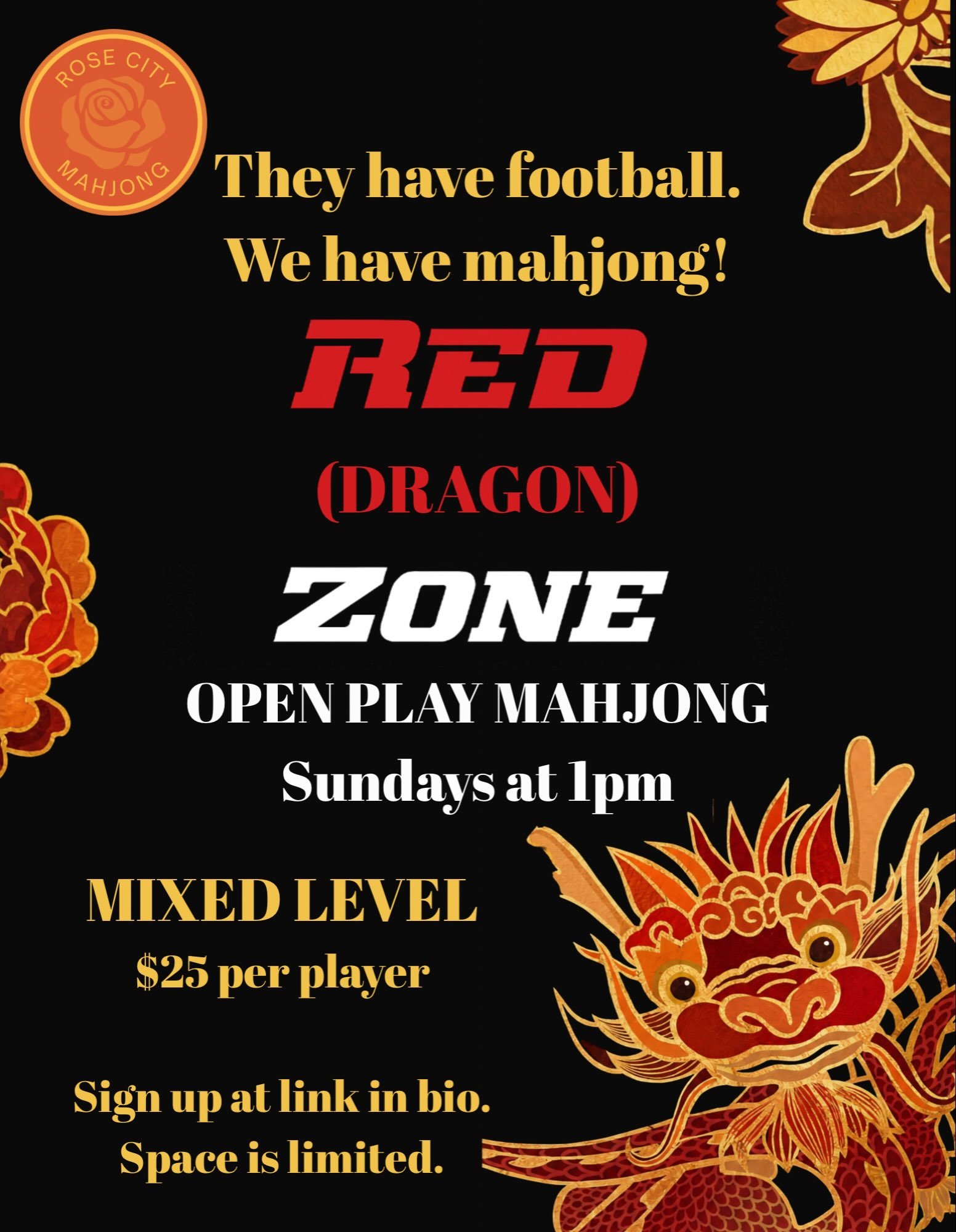 Escape the Red Zone 🏈 and come play mahjong 🀄️ on Sunday afternoon!

Sign up at https://calendly.com/rosecitymahjong

17 Waverly Place (in the alley)
Madison, NJ