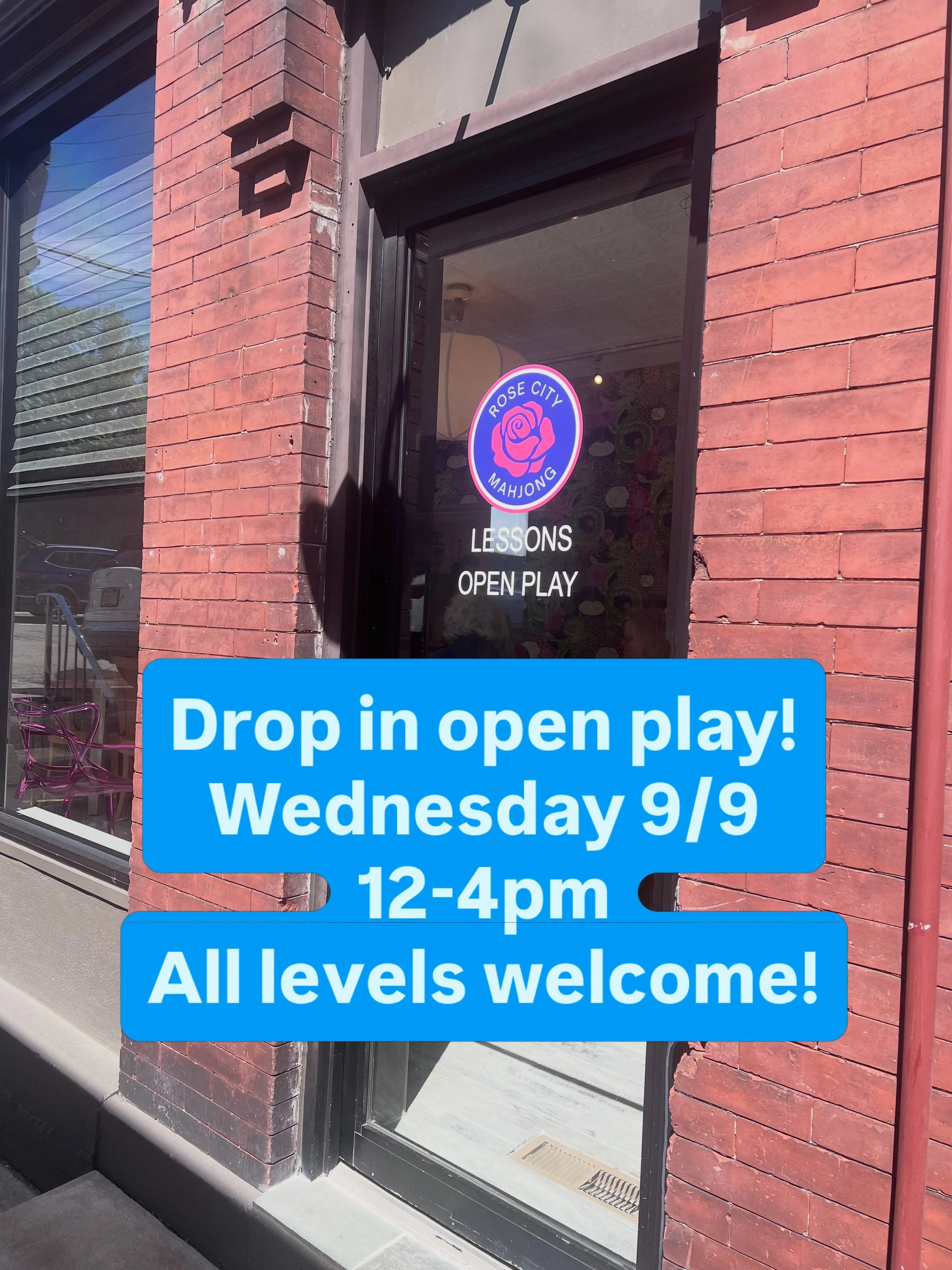 Trying something new! 
Drop-in open play this Wednesday, September 9th from 12-4pm. 
Come see the space and play mahjong - for an hour or two - or four! 
$10 per hour! 
17 Waverly Place in the alley in Madison. 🀄️🎉🀄️