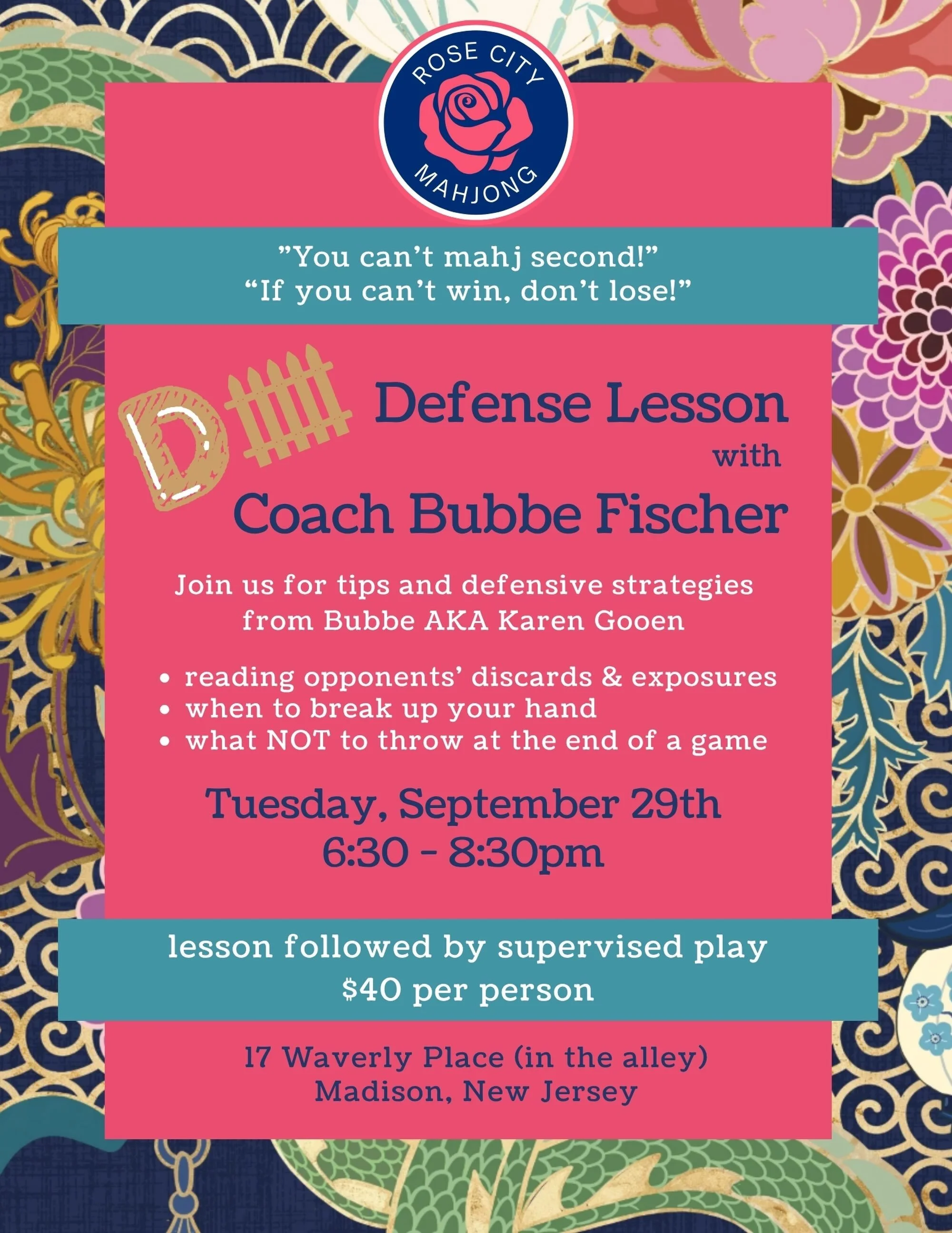 You can&rsquo;t Mahj second! 

Add important skills to your mahjong playbook. Learn defensive tips and strategies from our friend Coach Bubbe! 

Sign up here: https://calendly.com/rosecitymahjong