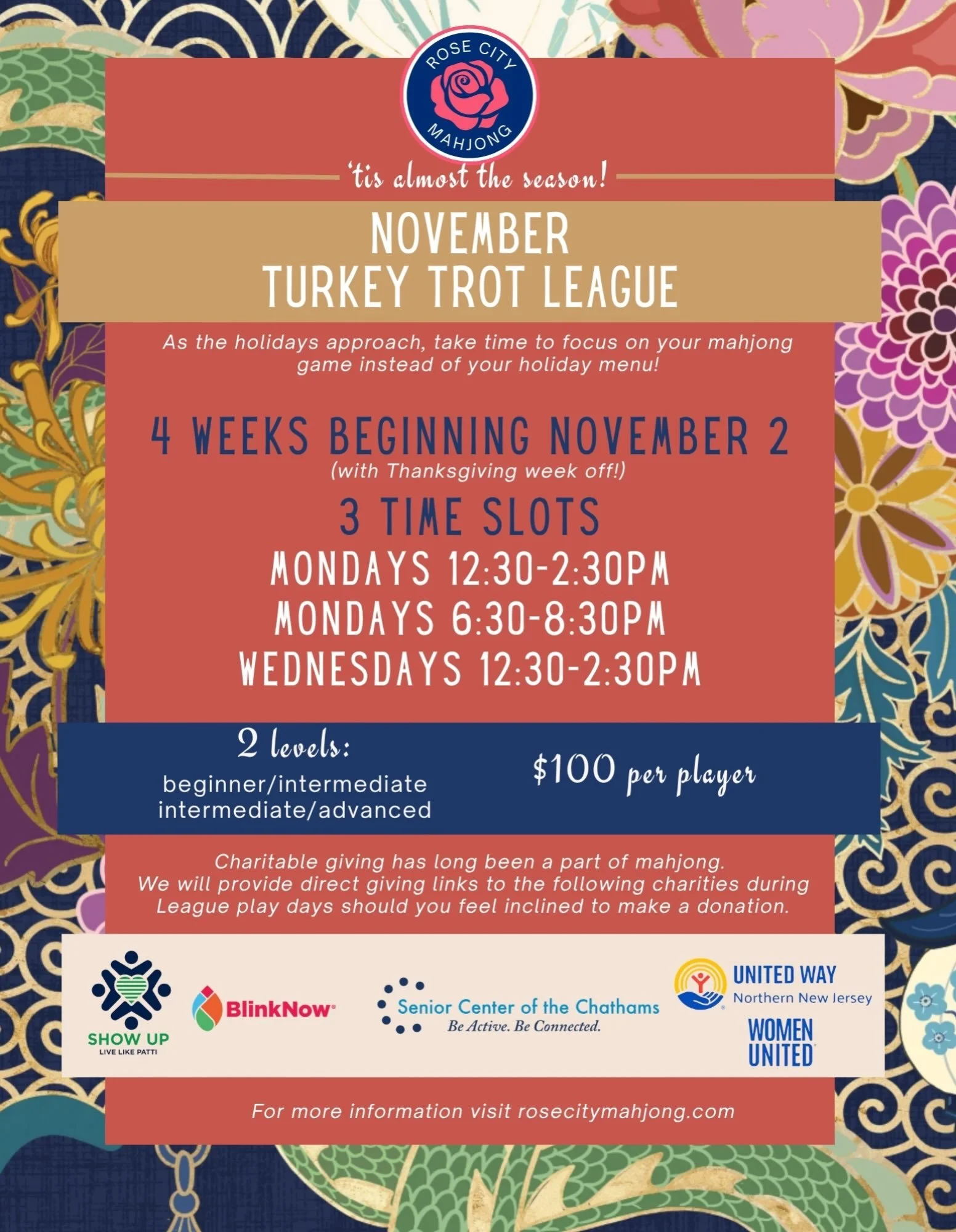 November Turkey Trot League registration is open and spots are filling quickly! 
Secure your seat at the table!
Register at link in bio or at rosecitymahjong.com