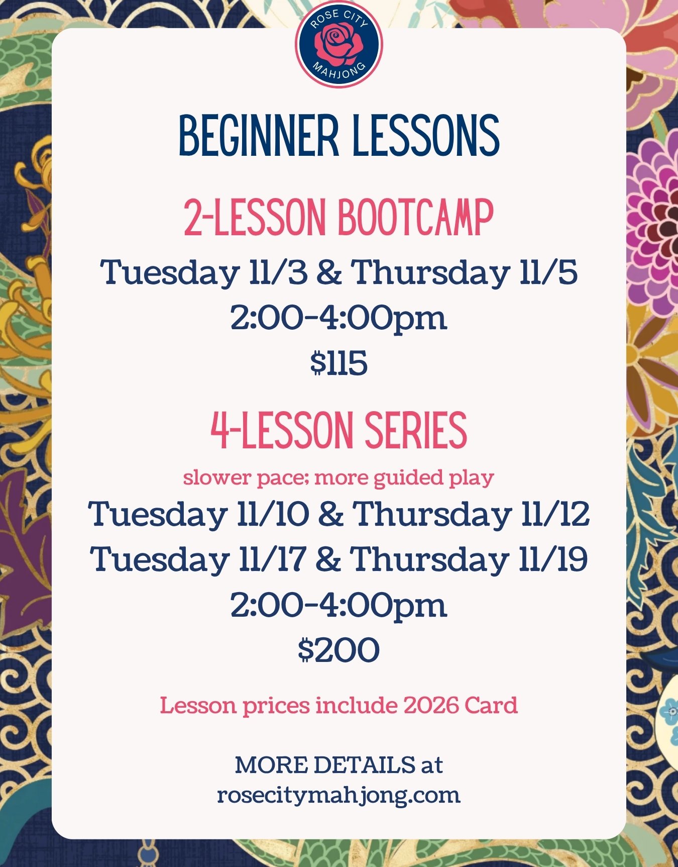 Come learn mahjong before the holiday season!

Beginner lessons starting next week with small group instruction in a warm and inviting space right in downtown Madison.

Join for a quick Bootcamp (2 lessons) or a more leisurely-paced 4-lesson series. 