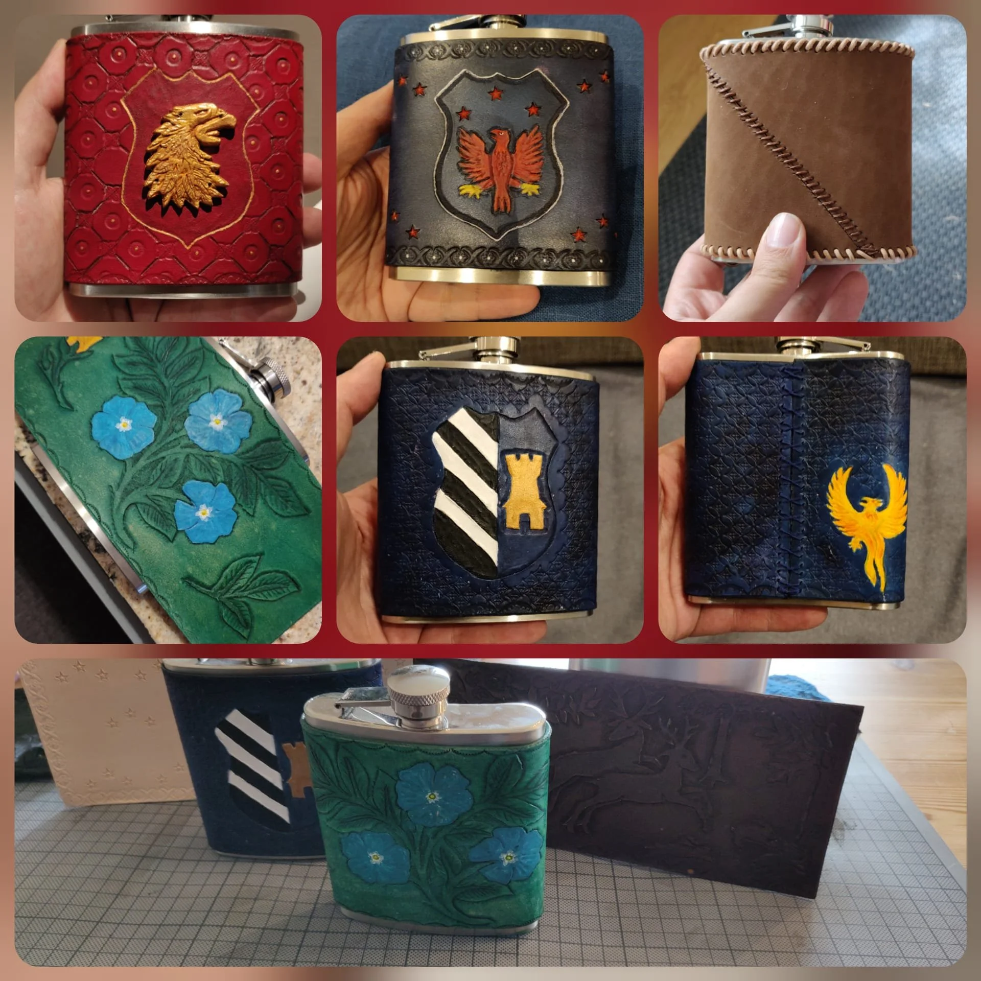 Verschiedene mit Wappen und Ornamenten verzierte Flachmünzen in unterschiedlichen Farben und Designs, teilweise mit lederartigem Umschlag.