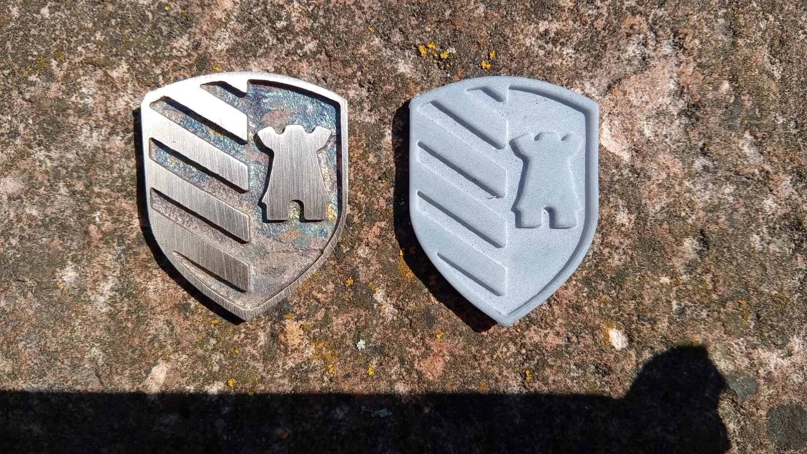 Zwei Metallabzeichen mit einem Löwenkopf in einem Wappen, eines verrostet und das andere neu, auf einer rauen Oberfläche liegend.