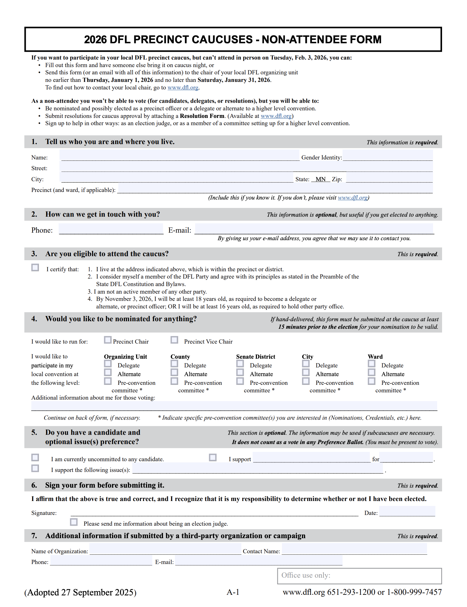 2026 DFL Precinct Caucuses - Non-Attendee Form, with sections for personal information, voting preferences, and candidate support, dated September 27, 2025.