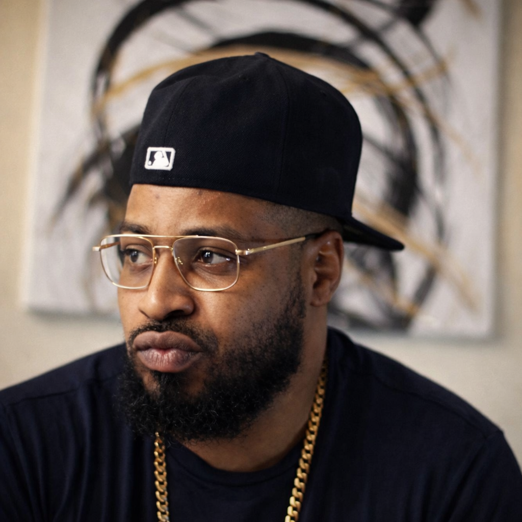 A man wearing a black baseball cap, glasses, and a gold chain, looking to his left, with abstract wall art in the background.