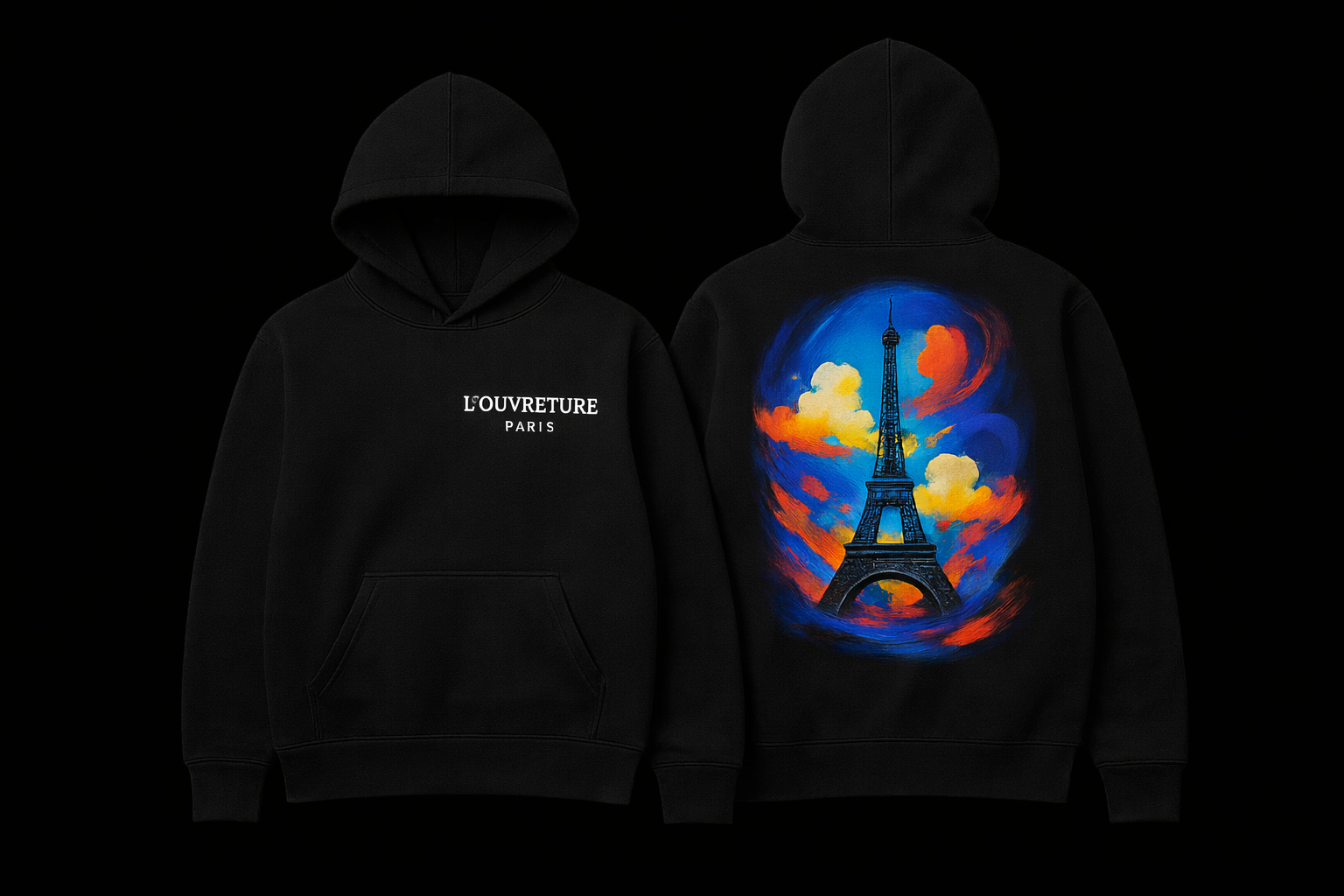 Black hoodie featuring Paris-themed design with the Eiffel Tower on the back painted with vibrant orange, yellow, and blue colors, and the front with white text 'L'OUVERTURE PARIS'.