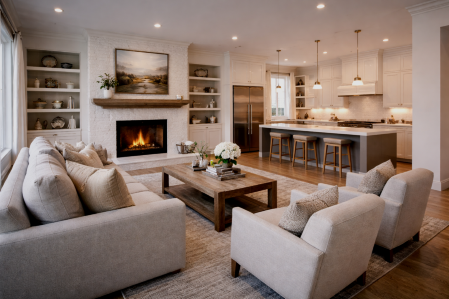 Living room with a fireplace, beige sofa, armchairs, wooden coffee table with flowers, and an open kitchen with a large island and pendant lighting.