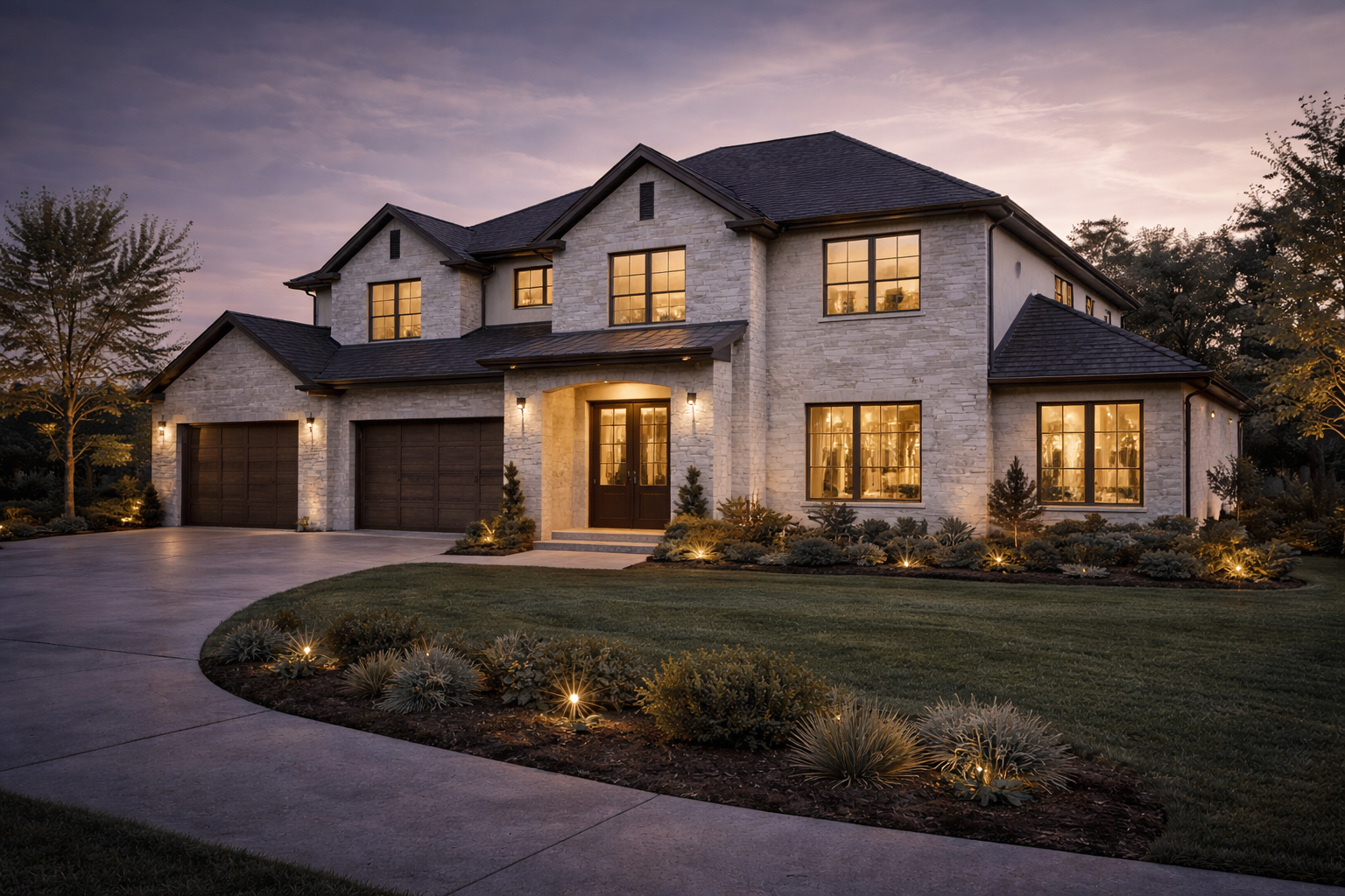 Large two-story house with stone exterior, multiple windows illuminated from inside, a double garage, and a well-manicured lawn with landscaped bushes and pathway lights at dusk.