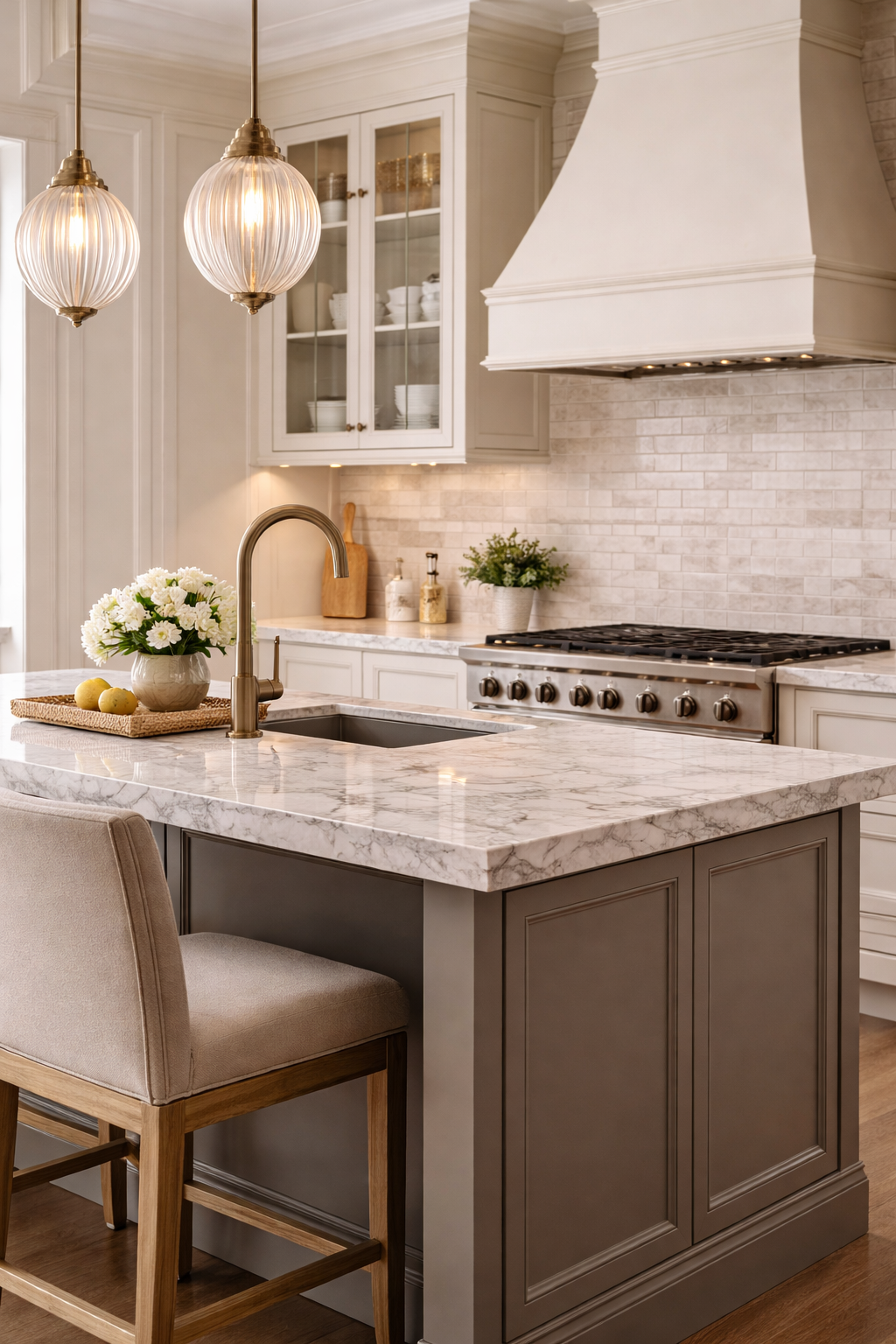 Modern kitchen with marble island, beige chairs, pendant lights, stainless steel stove, white cabinetry, and decorative plants.