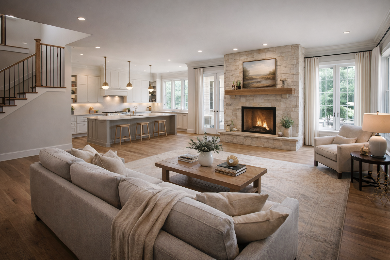 Bright and spacious living room with a fireplace, beige sofa, armchair, wooden coffee table, and large windows with white curtains, open to a modern kitchen with white cabinets and a central island.