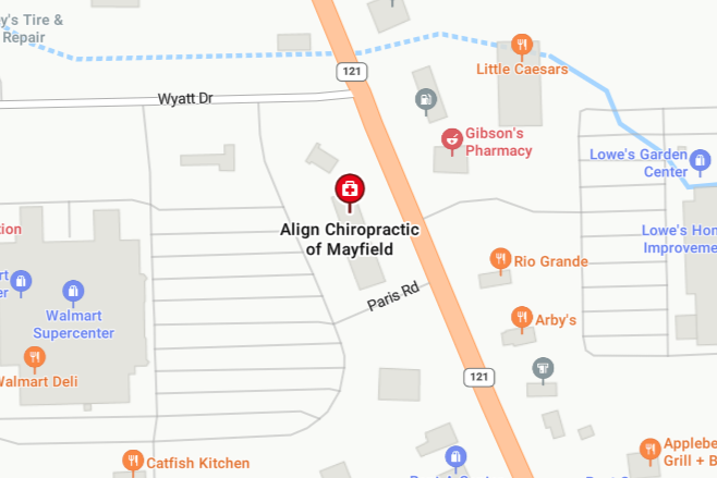Map showing businesses along a highway, including Align Chiropractic of Mayfield, Walmart, Little Caesars, Gibson's Pharmacy, Lowe's Garden Center, Rio Grande, Arby's, Catfish Kitchen, Applebee's, and other locations.