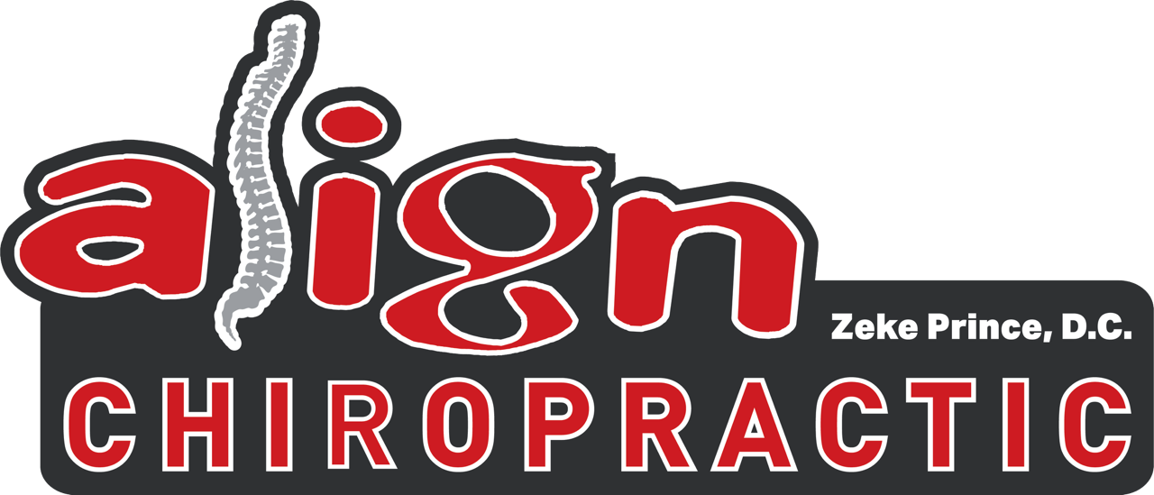 Logo for a sign or business called 'Align Chiropractic' with the name Zeke Prince, D.C., featuring a stylized spine in place of the letter 'l' in 'Align'.