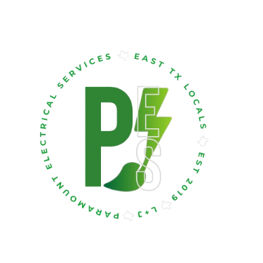 A circular logo with green text around the circumference reading 'ELECTRICAL SERVICES EAST X LOCAL LB'. Inside the circle, there's a large green letter 'P' with a lightning bolt and electrical plug integrated into it.