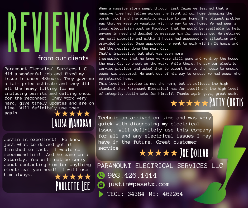 Collection of customer reviews for Paramount Electrical Services LLC, featuring star ratings and comments about electrical repairs and service quality, along with the company's contact information.