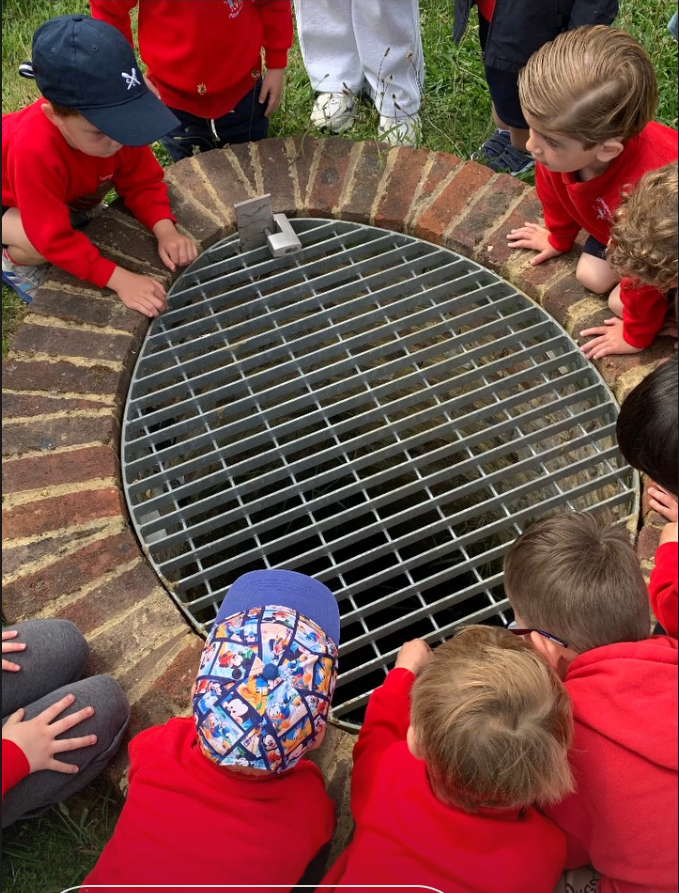 Children gathered around a brick well with a metal grate cover, exploring or observing what is inside.