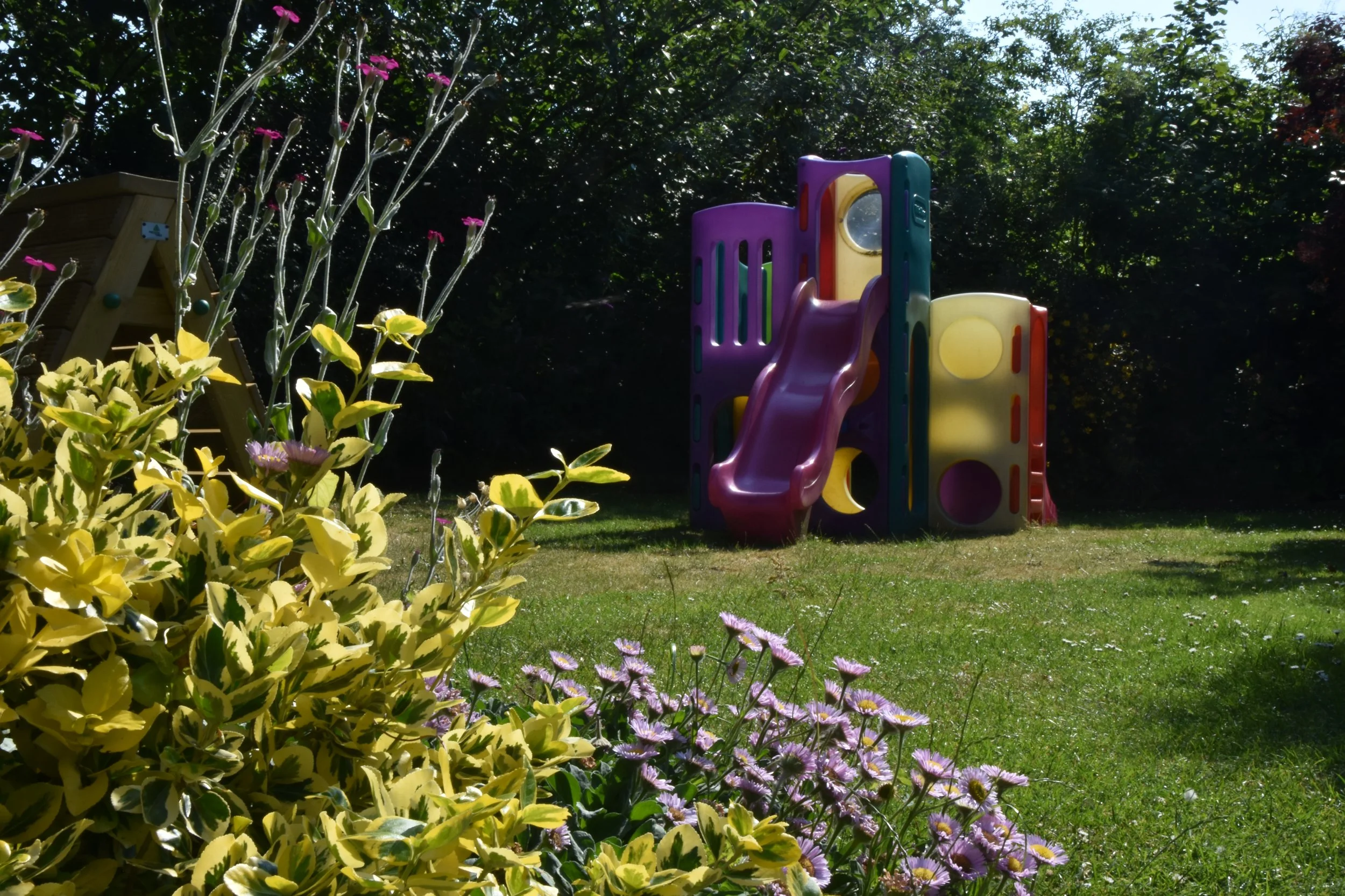 Colorful children's play structure with slides in a yard surrounded by green trees and plants.