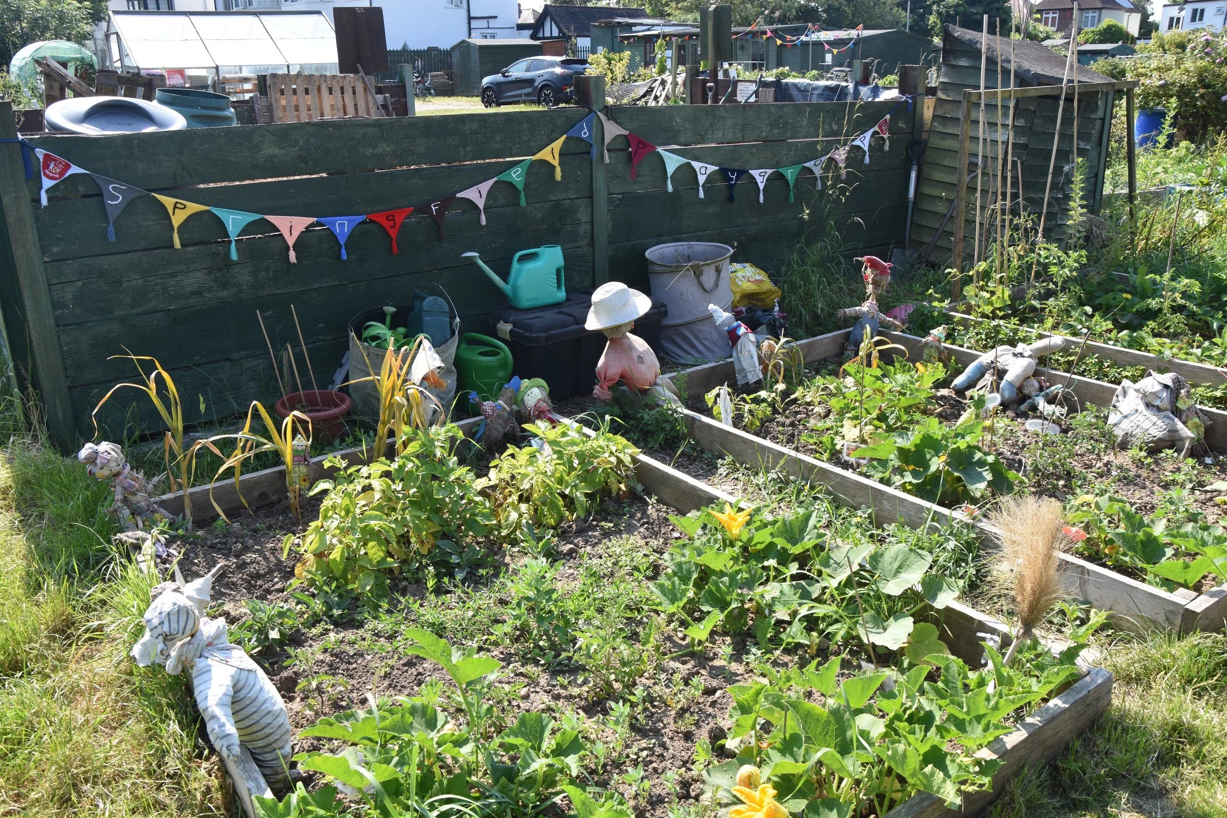 A backyard vegetable garden with several raised beds filled with leafy greens, flowers, and plants. Decorative scarecrows and garden ornaments are placed among the plants. A wooden fence with colorful bunting is in the background, along with gardening tools, watering cans, and other gardening supplies.