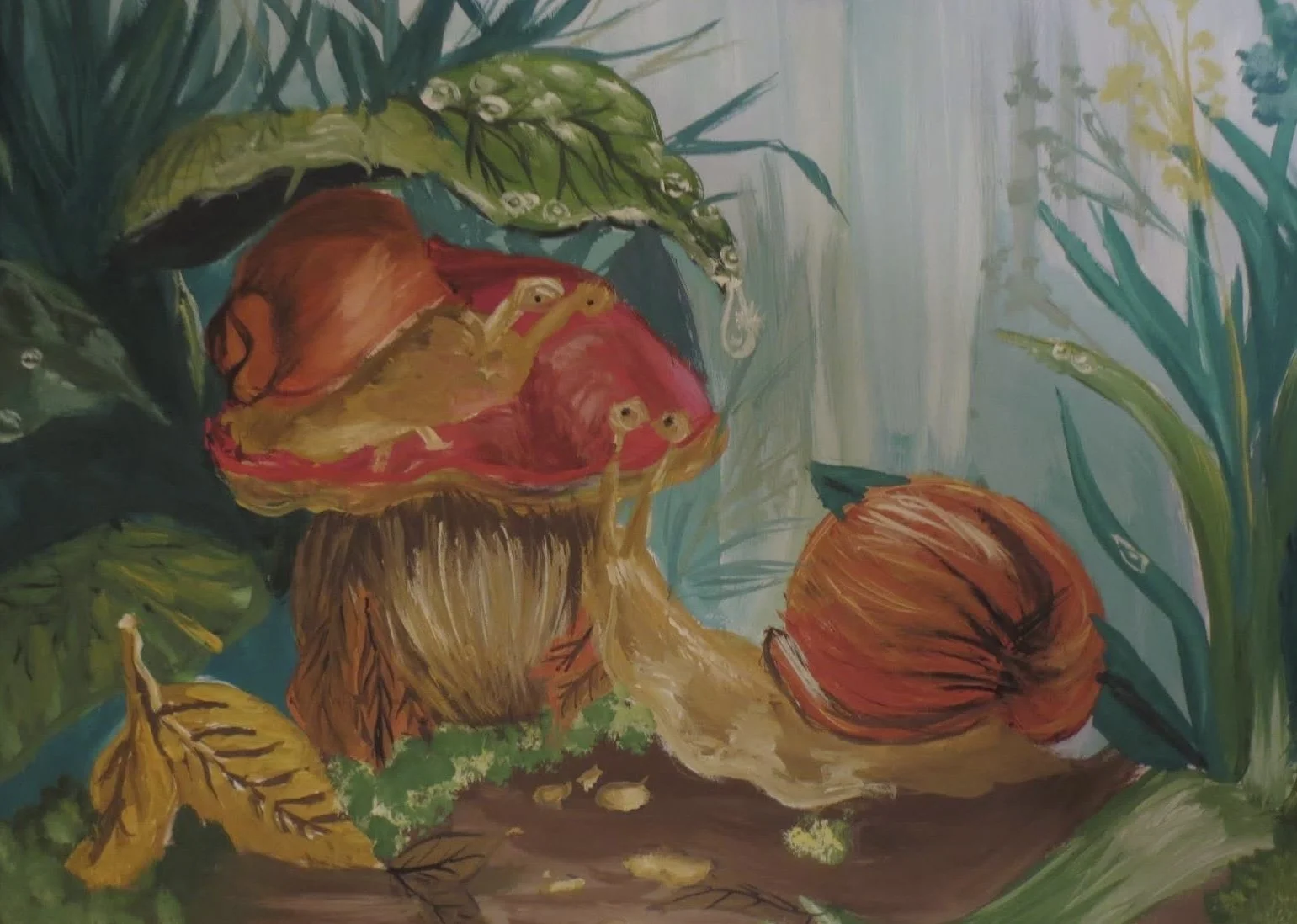 Painting of a natural scene with large orange pumpkins, green foliage, and small yellow frogs on the pumpkin and plant.