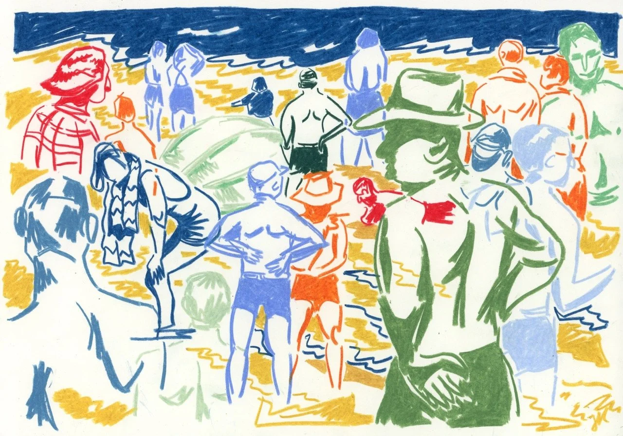 Another Take at Bondi Beach, colored pencils on paper, 21 x 30 cm