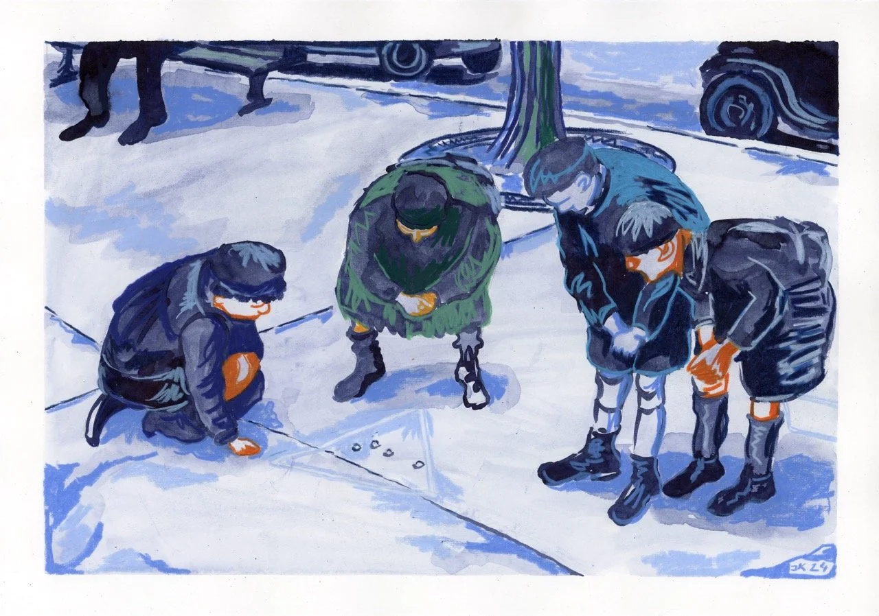 On the Sidewalk, mixed media on paper, 21 x 30 cm